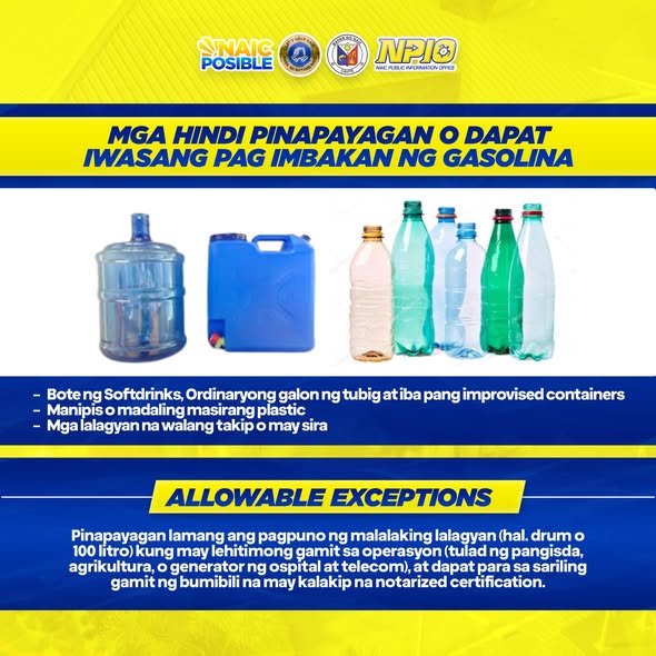 Infographic: Mga hindi pinapayagan o dapat iwasang pag-imbakan ng gasolina, at allowable exceptions para sa malalaking…