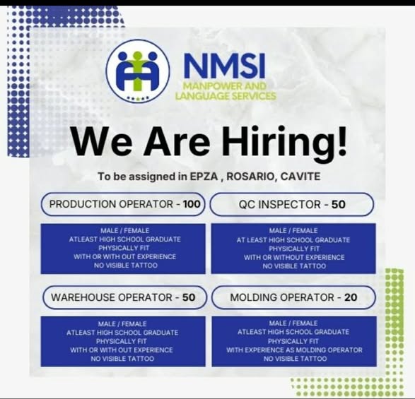 Poster: NMSI We Are Hiring, EPZA Rosario Cavite, production operator, QC inspector, warehouse at molding operator