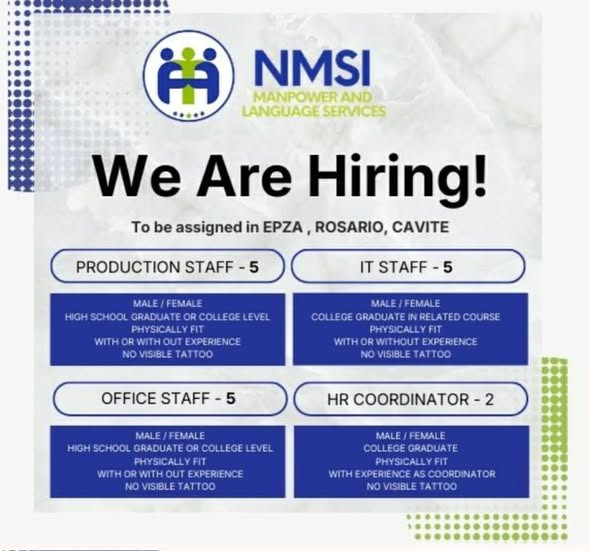 Poster: NMSI We Are Hiring, EPZA Rosario Cavite, production, IT, office staff at HR coordinator