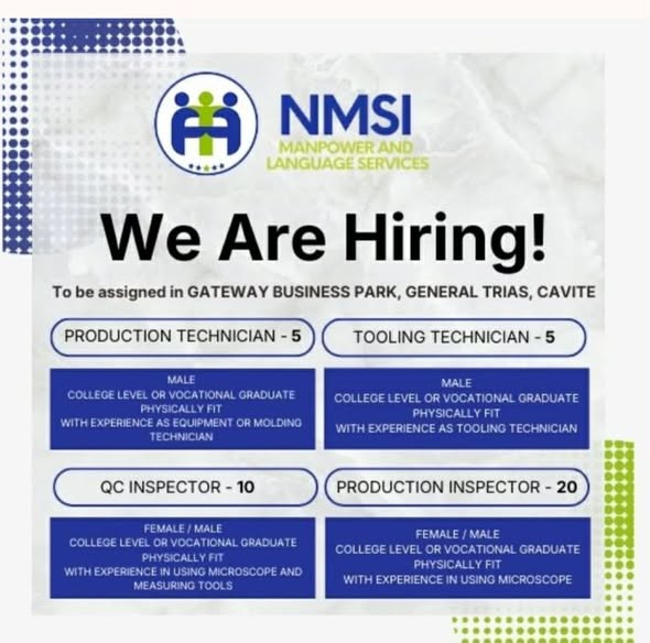 Poster: NMSI We Are Hiring, Gateway Business Park, General Trias, Cavite, may bakanteng trabaho para sa technician at…
