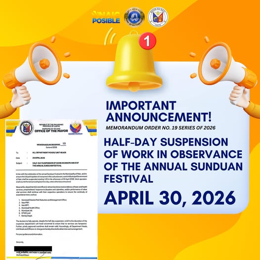 Poster: Half-day suspension of work para sa Sunduan Festival, Abril 30, 2026, Naic, Cavite