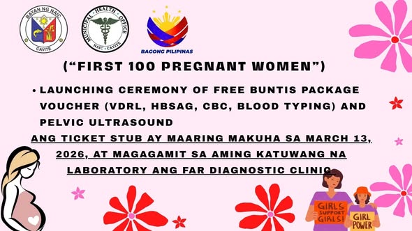 Poster: Launching ng Free Buntis Package Voucher para sa First 100 Pregnant Women, Naic, Cavite, Marso 13, 2026