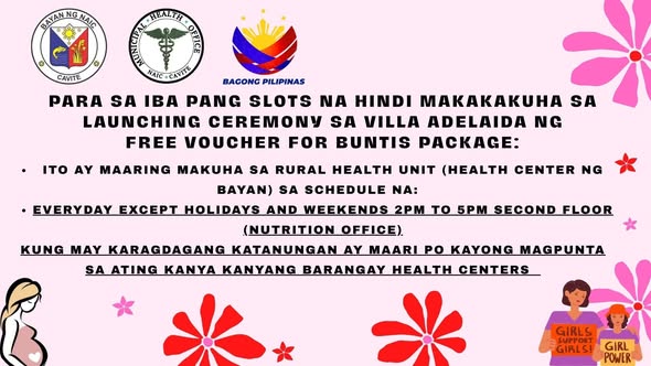 Poster: Iskedyul para sa Free Buntis Package Voucher, Rural Health Unit ng Bayan, Second Floor Nutrition Office, Naic