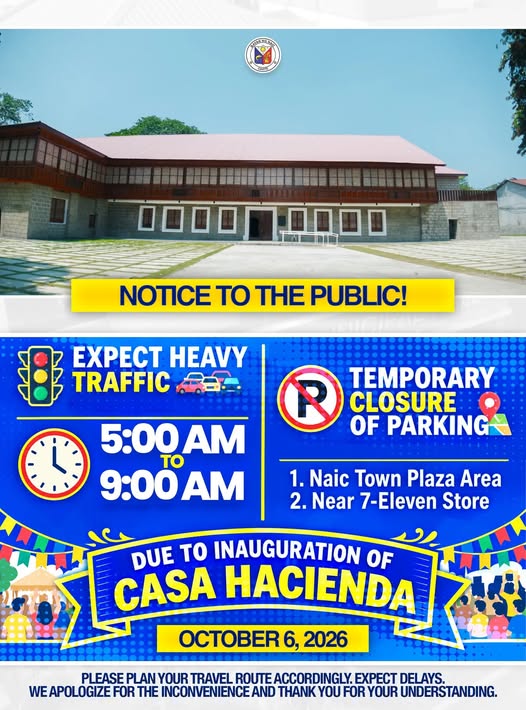 Poster: Pansamantalang pagsasara ng parking para sa inauguration ng Casa Hacienda, Oktubre 6, 2026, Naic
