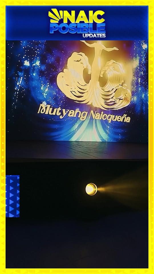 Backdrop ng entablado: gintong larawan at titulong "Mutyang Naicqueña" sa asul na background, Naic Posible Updates