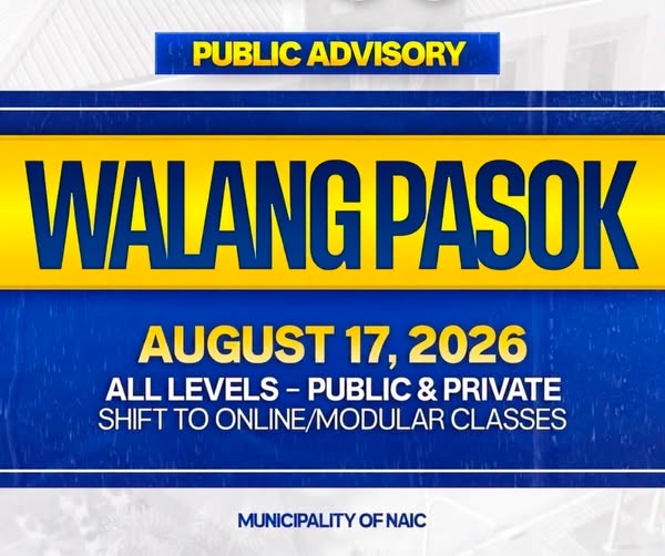 Poster: Walang Pasok, Agosto 17, 2026, lahat ng antas, online/modular classes, Munisipyo ng Naic