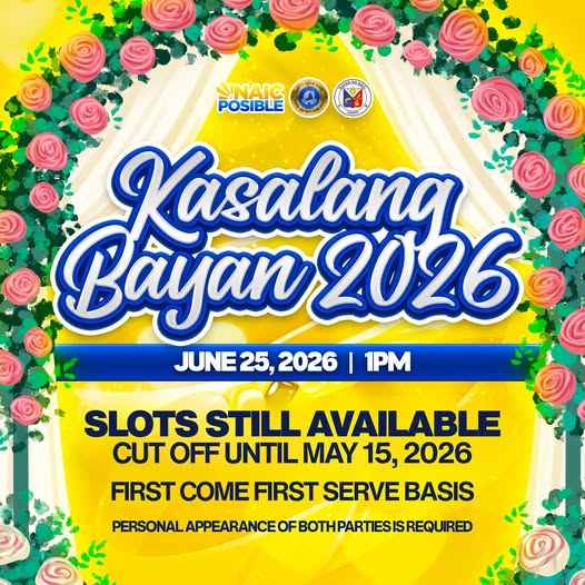 Poster: Kasalang Bayan 2026, Hunyo 25, 2026, 1PM. Slots still available, cut-off hanggang Mayo 15, 2026.
