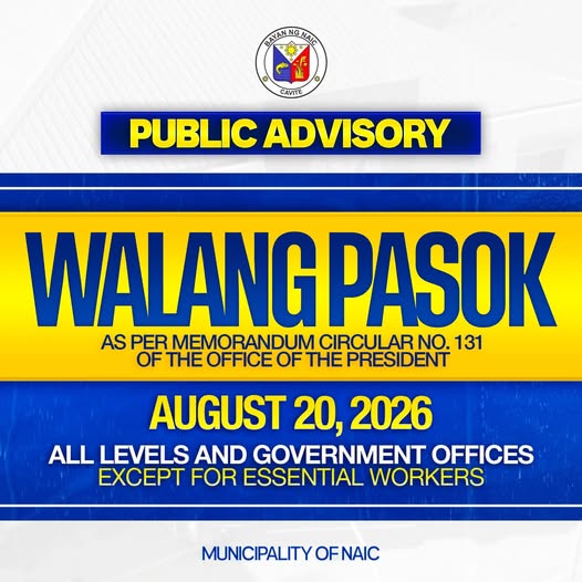 Poster: Public Advisory, Walang Pasok, Agosto 20, 2026, lahat ng antas at tanggapan ng gobyerno maliban sa essential…