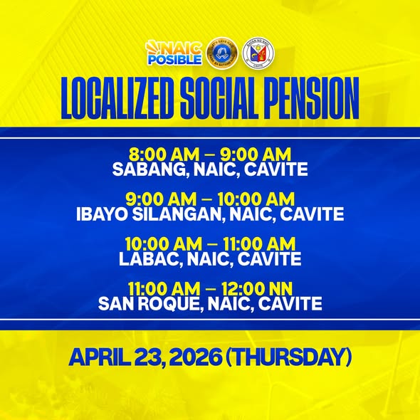 Poster: Localized Social Pension, Abril 23, 2026 (Huwebes), iskedyul sa Sabang, Ibayo Silangan, Labac at San Roque, Naic