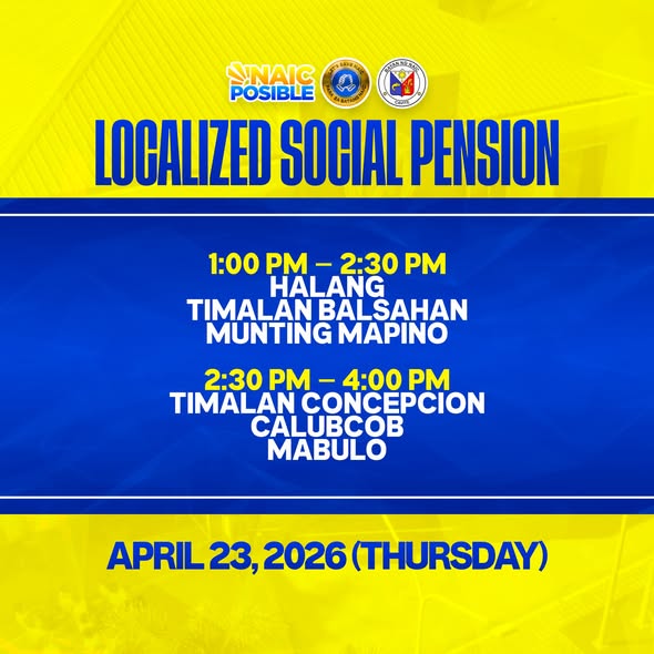 Poster: Localized Social Pension, Abril 23, 2026 (Huwebes), 1:00 PM hanggang 4:00 PM, mga barangay ng Naic