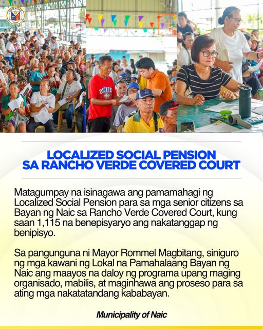 Poster: Localized Social Pension sa Rancho Verde Covered Court, Naic. Mga senior citizen sa pamamahagi ng pensyon.