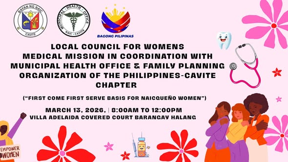 Poster: Medical Mission para sa Kababaihan, Marso 13, 2026, 8:00AM-12:00NN, Villa Adelaida Covered Court, Barangay Halang