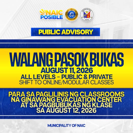 Poster: Walang Pasok Bukas, August 11, 2026, lahat ng antas, shift sa online/modular classes, Naic