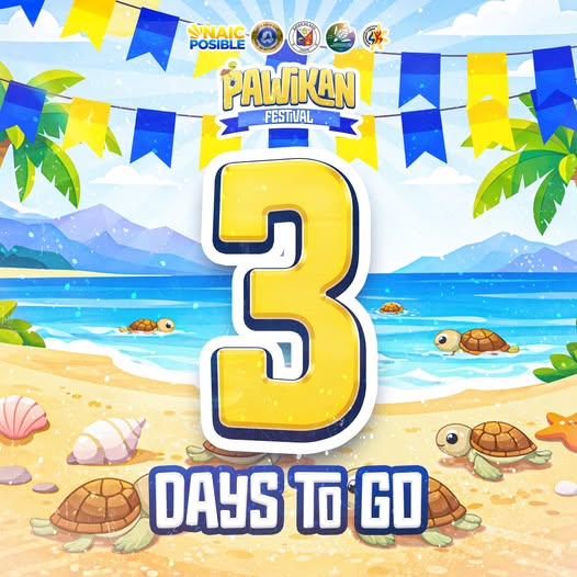 Poster: Pawikan Festival, 3 araw na lang, sa Naic, Cavite, may larawan ng mga pawikan at dalampasigan