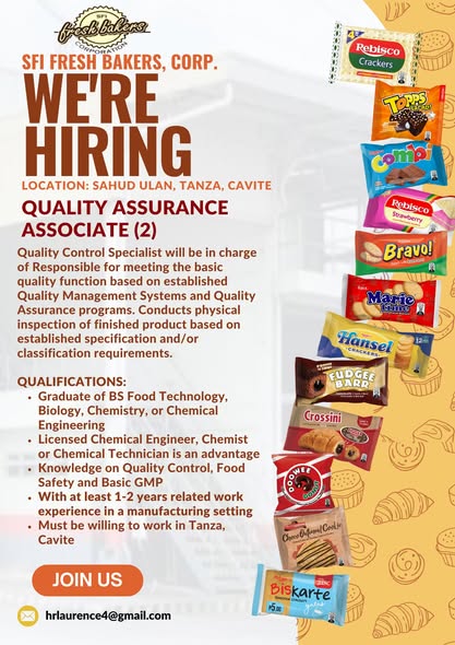 Poster: SFI Fresh Bakers Corp., we're hiring, Quality Assurance Associate (2), Sahud Ulan, Tanza, Cavite