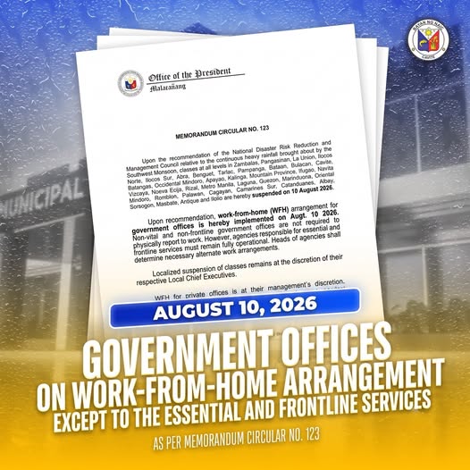 Poster: Government Offices on Work-From-Home Arrangement, Agosto 10, 2026, bilang alinsunod sa Memorandum Circular No. 123