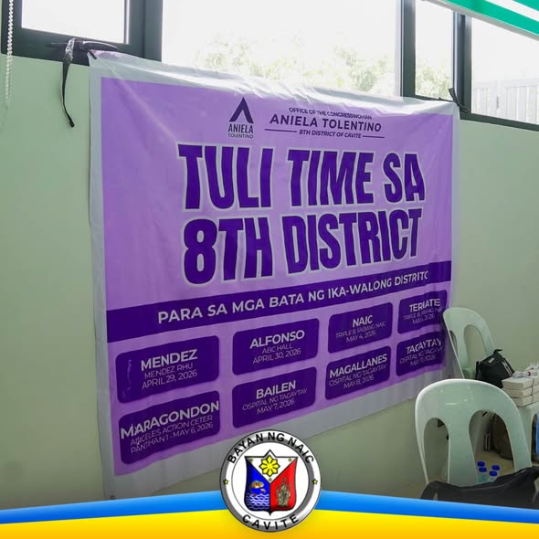Poster: Tuli Time sa 8th District, para sa mga bata ng ika-walong distrito, may schedule sa Naic noong Mayo 4, 2026