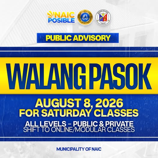 Poster: Walang Pasok sa Agosto 8, 2026 para sa Saturday classes, online/modular classes, Naic, Cavite