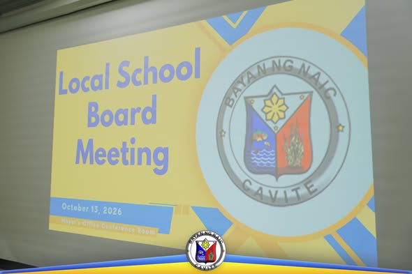 Slide: Local School Board Meeting, Oktubre 13, 2026, Naic Municipal Hall, Naic, Cavite
