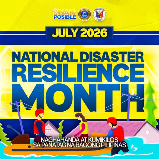 Poster: National Disaster Resilience Month, Hulyo 2026, Naic, may ilustrasyon ng mga rescuer at baha