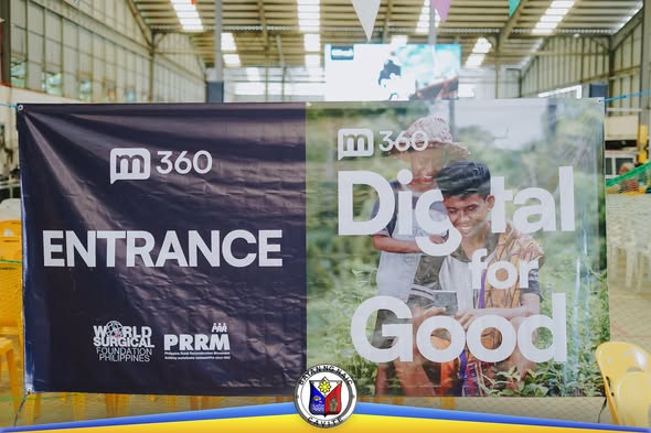 Poster: m360 Digital for Good at ENTRANCE banner, World Surgical Foundation Philippines at PRRM medical mission, Naic