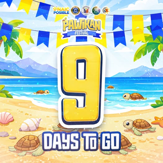 Poster: 9 Days to Go sa Pawikan Festival, Naic, Cavite. May mga pawikan at tabing-dagat na disenyo.