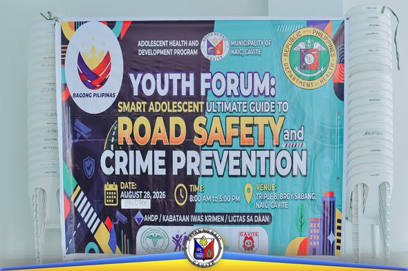 Poster: Youth Forum, Road Safety and Crime Prevention, Agosto 28, 2026, Triple 8, Brgy. Sabang, Naic, Cavite