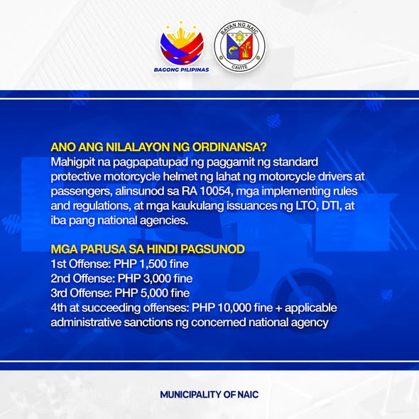 Poster: Ordinance tungkol sa pagsusuot ng helmet ng motorcycle, mga parusa mula PHP 1,500 hanggang PHP 10,000, Naic