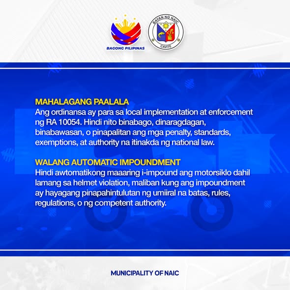 Graphic: Mahalagang paalala sa Ordinance No. 2026-25, walang automatic impoundment dahil sa helmet violation