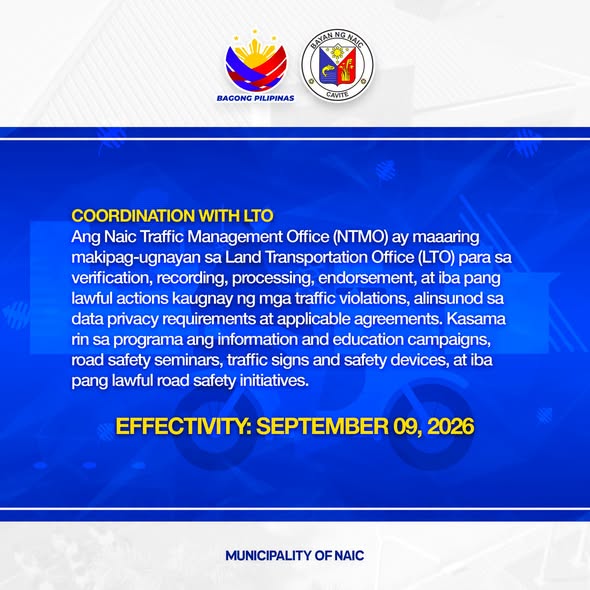 Graphic: Coordination with LTO, Effectivity: September 09, 2026, Municipality of Naic