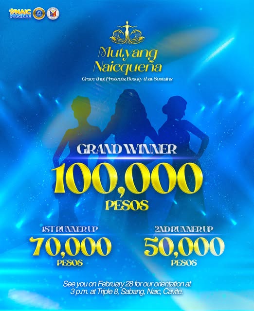 Poster: Mutyang Naicqueña 2026, Grand Winner P100,000, orientation Pebrero 28, 3 p.m., Triple 8, Sabang, Naic