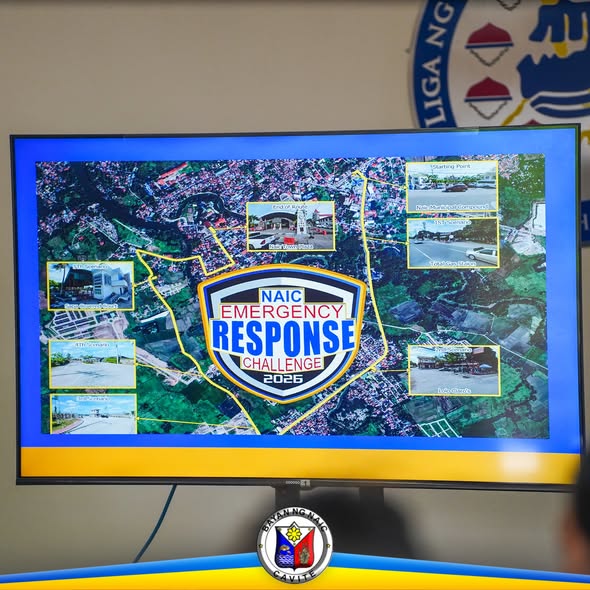 Screen: Naic Emergency Response Challenge 2026, may mapa ng bayan at mga larawan ng kalsada at lugar