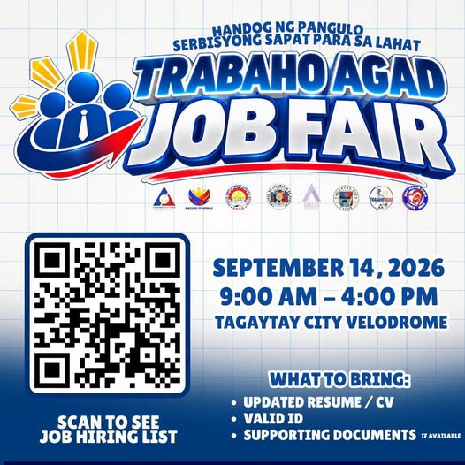 Poster: DOLE Trabaho Agad Job Fair, Setyembre 14, 2026, 9:00 AM-4:00 PM, Tagaytay City Velodrome