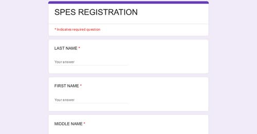 Screenshot: SPES Registration online form, may mga field para sa apelyido, pangalan at gitnang pangalan