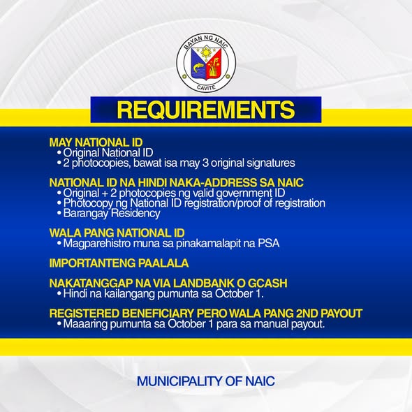 Poster: Requirements para sa UPLIFT 2nd Tranche payout, Oktubre 1, 2026, Naic Town Plaza, mga kailangang dalhin at paalala