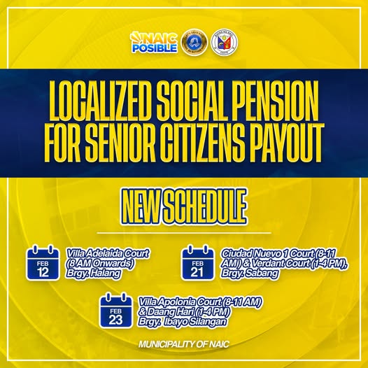 Poster: Bagong iskedyul ng Localized Social Pension para sa Senior Citizens, Pebrero 12, 21 at 23, 2026, Naic