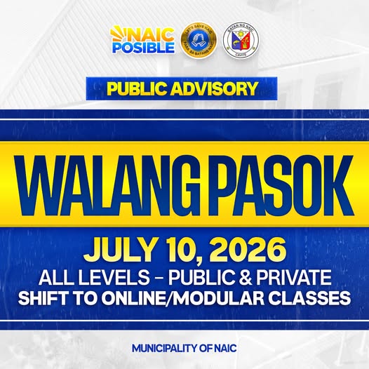 Poster: Walang Pasok sa Naic, Hulyo 10, 2026, lahat ng antas, public at private, lilipat sa online/modular classes