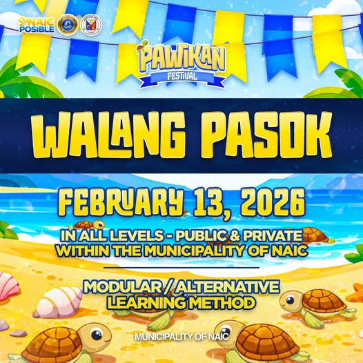 Poster: Walang Pasok sa Pebrero 13, 2026, lahat ng antas sa Bayan ng Naic, para sa Pawikan Festival