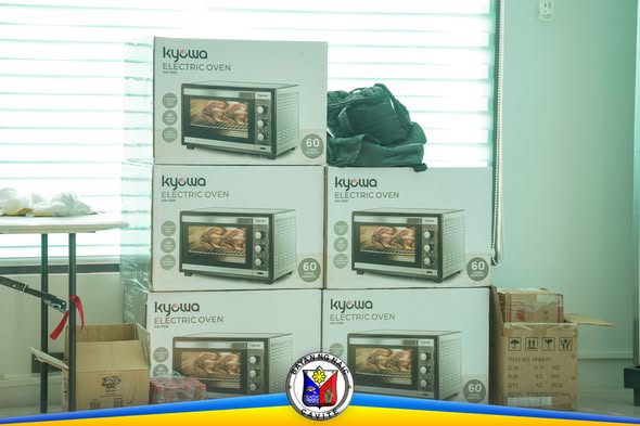 Mga kahon ng Kyowa electric oven na nakasalansan sa loob ng silid para sa livelihood program sa Brgy. Sabang