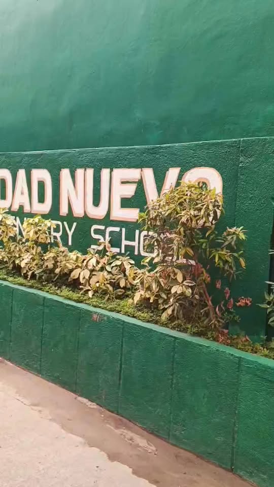 Pader ng Ciudad Nuevo Elementary School na may pangalan ng paaralan at halaman sa harap