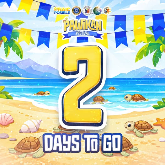 Poster: Pawikan Festival, 2 Days To Go, may mga pawikan at bunting sa tabing-dagat