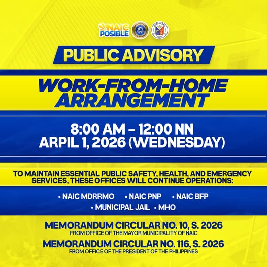 Poster: Public Advisory, Work-from-Home Arrangement, Abril 1, 2026, 8:00 AM-12:00 NN, Naic, Cavite