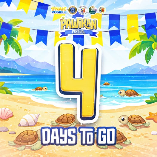 Poster: Pawikan Festival, 4 Days to Go, Naic, Cavite, may ilustrasyon ng pawikan at dalampasigan