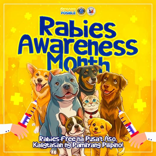 Poster: Rabies Awareness Month, may mga cartoon na aso at pusa at paalalang "Rabies-Free na Pusa't Aso, Kaligtasan ng…