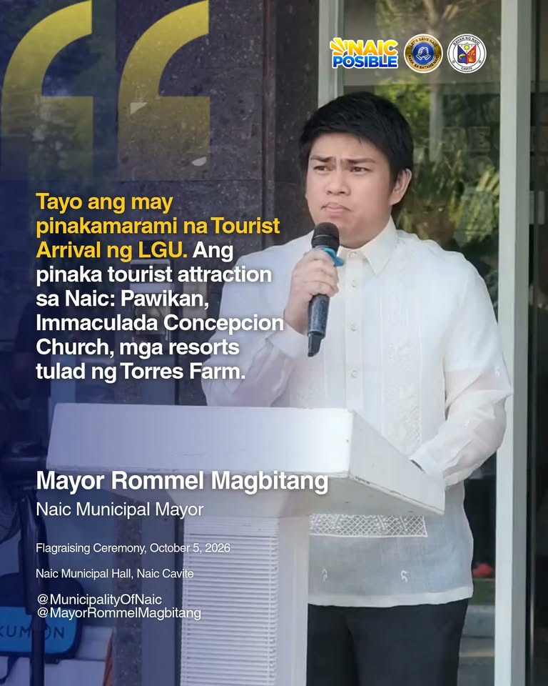 Poster: Mayor Rommel Magbitang nagsasalita sa flag raising ceremony tungkol sa tourist arrival ng Naic, Oktubre 5, 2026