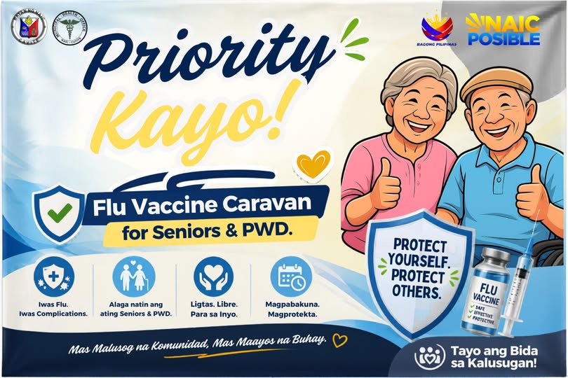 Poster: Priority Kayo! Flu Vaccine Caravan para sa Seniors at PWD, Naic, Cavite