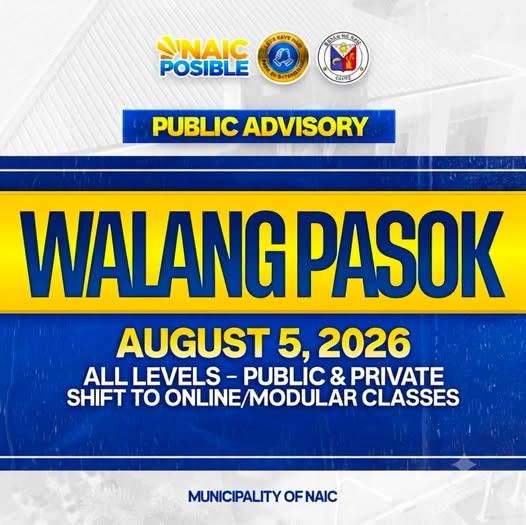 Poster: Walang Pasok, Agosto 5, 2026, lahat ng antas, pampubliko at pribado, shift sa online/modular classes, Naic