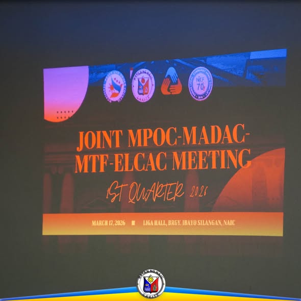 Slide sa screen: Joint MPOC-MADAC-MTF-ELCAC Meeting, 1st Quarter 2026, Marso 17, 2026, Liga Hall, Ibayo Silangan, Naic