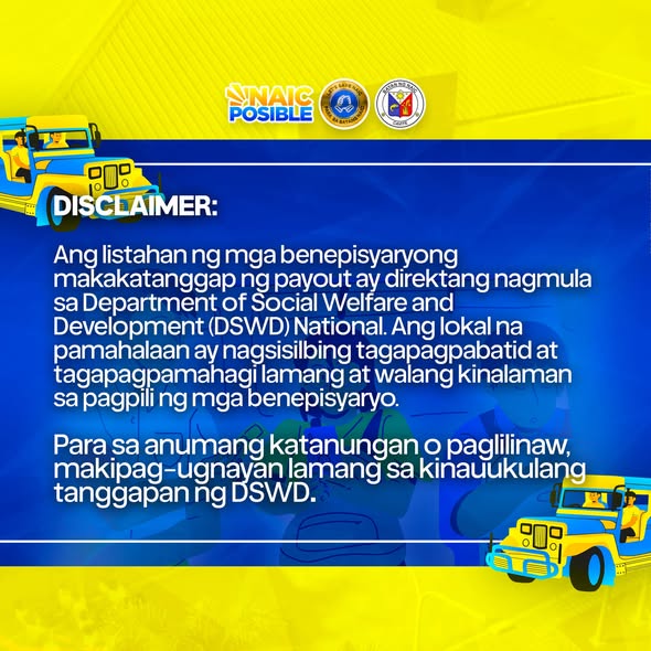 Disclaimer: Ang listahan ng benepisyaryo ng JODA payout ay galing sa DSWD National; lokal na pamahalaan ay tagapagpabatid…
