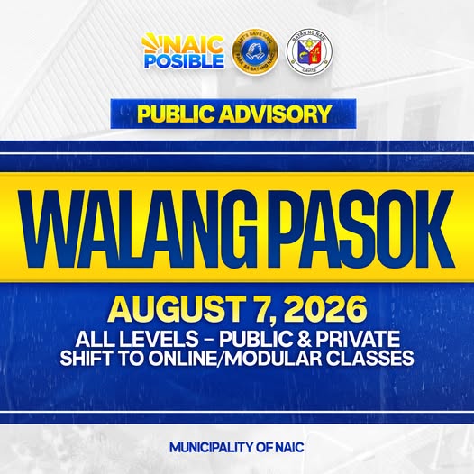Poster: Walang Pasok, Agosto 7, 2026, lahat ng antas sa Naic, lilipat sa online/modular classes